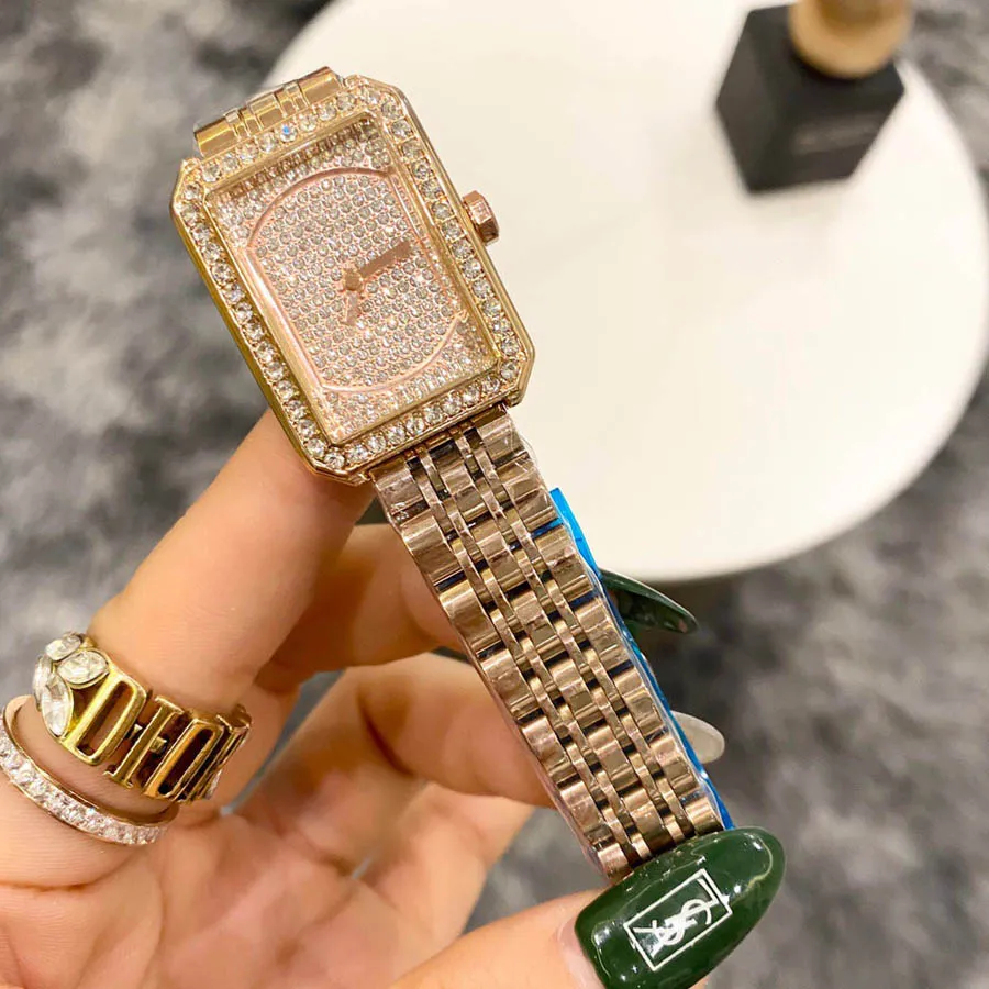 Marca relógio feminino menina cristal retângulo estilo metal banda de aço quartzo relógios de pulso de boa qualidade ch44217t