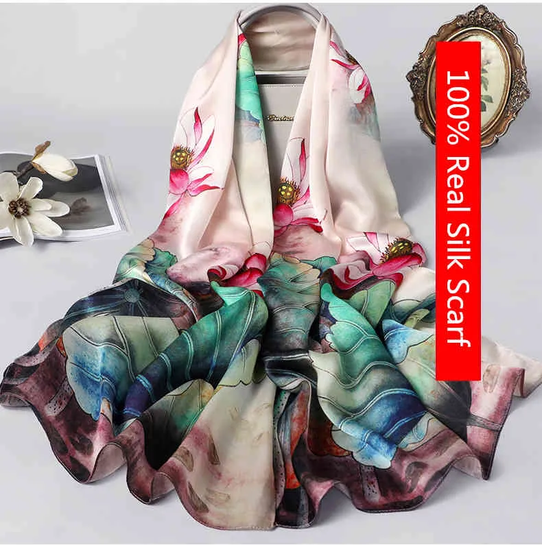 Toppkvalitet Real Silk Scarf Kvinnor 2021 Fashion Floral Tryckta Sjalar Och Wraps Lång Mjuk Foulard Ladies Vinter Neck Scarves