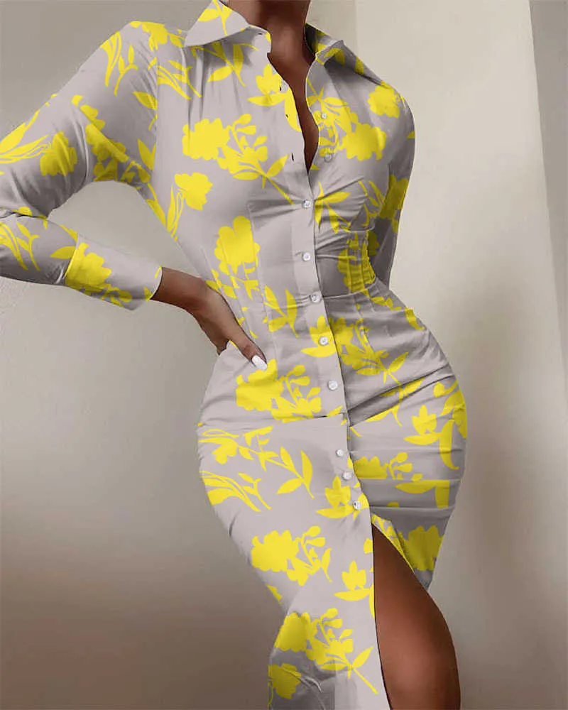 2021 autumn new product printed sexy tight-fitting long-sleeved tight-fitting long shirt waist pleated dress Y1006