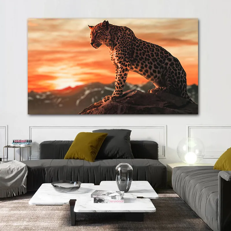 Leopardo Pittura su tela Stampe animali Immagini di arte della parete soggiorno Decorazioni la casa Tramonto Decorazioni interni Poster paesaggistici