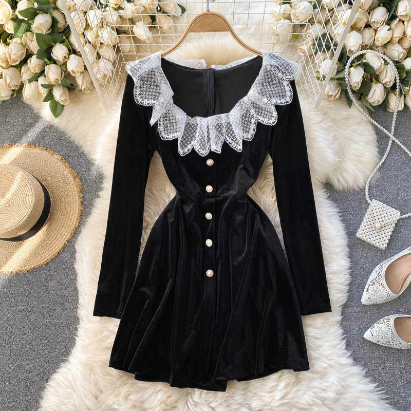 LY VAREY LIN Spring Autumn Women A-line Little Black Dress Lace Stitching High Waist Temperament Velvet 210526