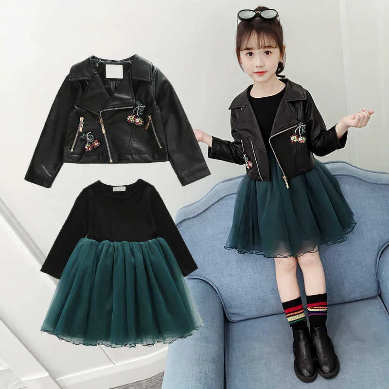 2020 мода с длинным рукавом платье черная кожаная куртка детские девушки одежда 2 шт. Детские набор детская одежда для девочек на 4-12 год х0902