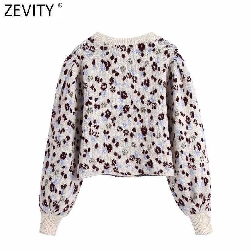 Zevity Women Fashion O Neck Lantern Sleeve Leopard Print Casual Short Knitting Sweater Femme Chic Ruffles Cardigan Tops S523 210603