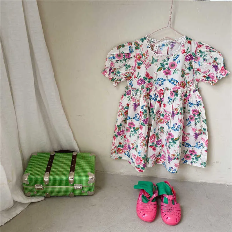 Summer girls rose printing short sleeve dresses 1-6 years cotton casual loose little princess dress 210615