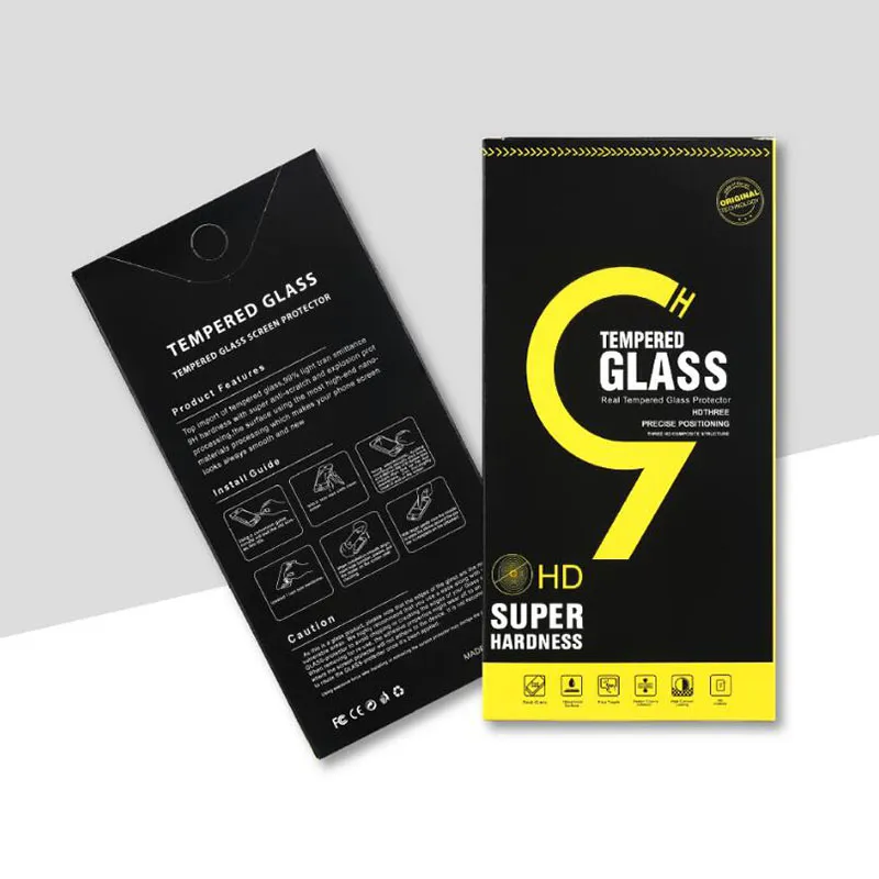 Scatola sacchetti di carta nera gialla 9H sacchetti di imballaggio la vendita al dettaglio in vetro temperato proteggi schermo smartphone