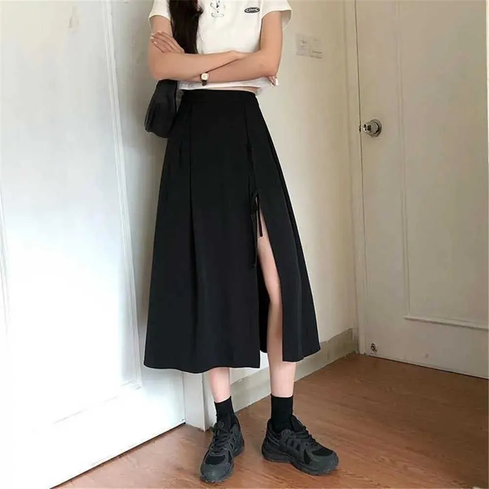 Summer Harajuku Goth Pleated kjol kvinnor punk vintage hög midja svart lång kjol koreansk mode enkel midi kjol shorts 210619