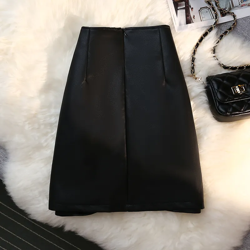 Женская кожаная юбка осень-зима с высокой талией трапециевидной формы, мини-женская шикарная складчатая искусственная кожа, черная накидка, сексуальная женская мода 220221