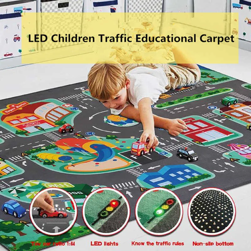 Barnens utbildningsmatta Traffic Urban Road Led Baby Play Mat Crawling Pad Kids Rug Spädbarn Non-Slip Utveckling Mats Blanket 210724