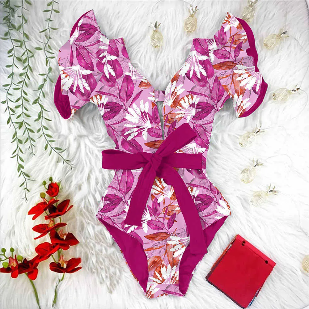 Sexy Ruffle Print Floral Strappy Minceur Maillots De Bain Femmes Maillot De Bain Deep-V Maillot De Bain Beach Wear Monkini 210712