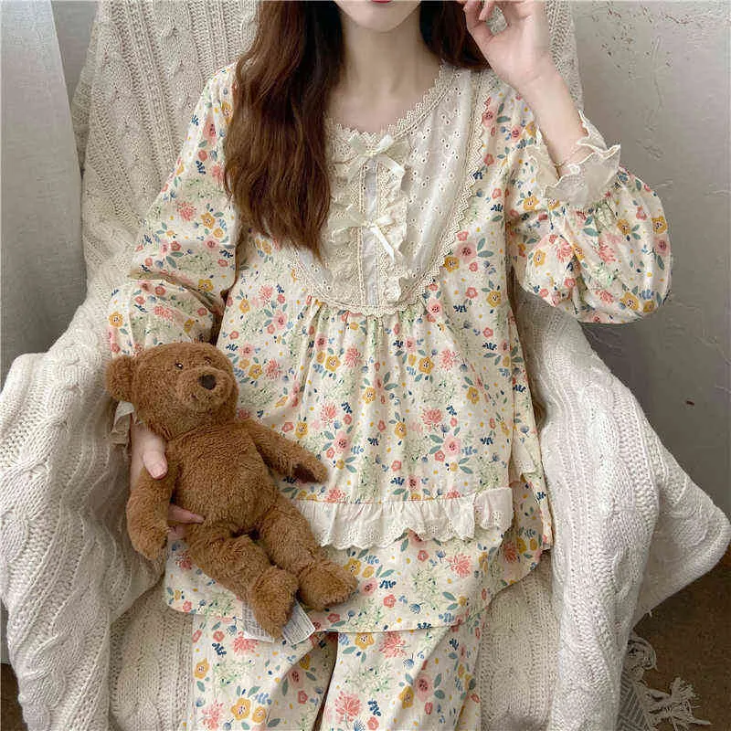 .Womens Lolita Loose Floral Pajama Sets.Vintage Ladies Girl's Flowers Pajamas set.cuteホームスプリーウェアスーツナイトクロース211112