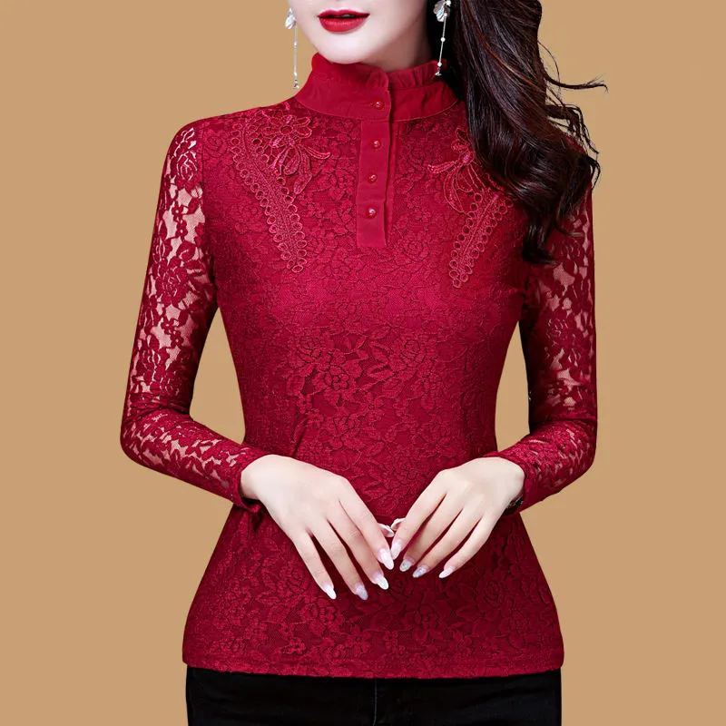 Kvinnor Spring Autumn Style Slim Lace Bluses Shirts Lady Casual Long Sleeve Turtleneck Flower Printed Lace Blusa Tops 210302