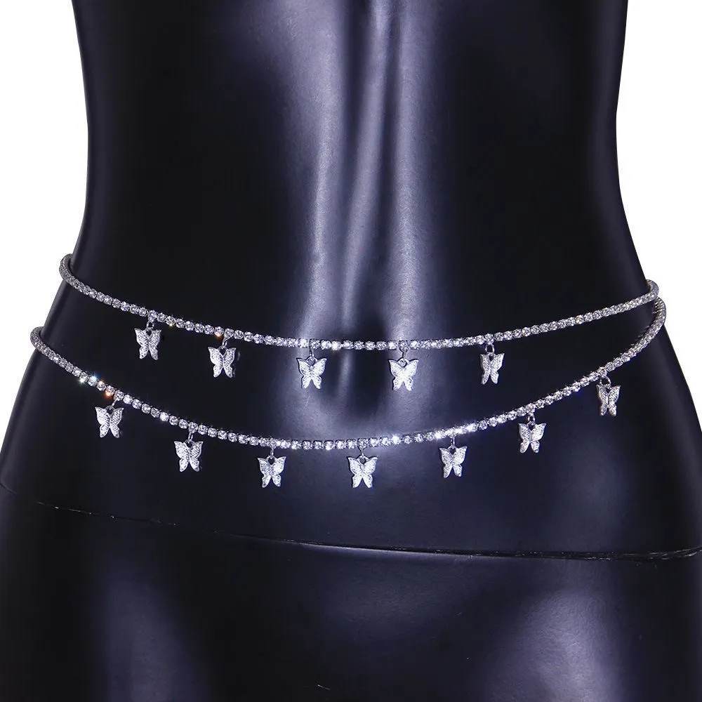 Shiny Rhinestone Double Layer Waist Jewelry Sexy Temperament Butterfly Lady Belly Button Body Chain Accessories