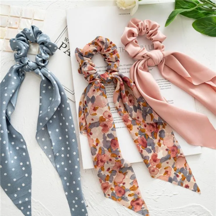 2021 Scrunchies Dot Floral Bedruckte Lange Streamer Band Kopfbedeckung Turban Haargummis Schachtelhalm Krawatten Kopfwickel Mode Haarschmuck 6