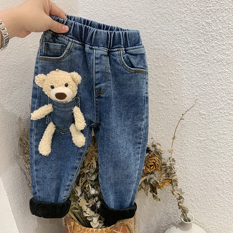 2-6 anni inverno ragazze ragazzi simpatico cartone animato orso jeans pantalone bambino bambini bambini spessi pantaloni in denim caldo pile 210303