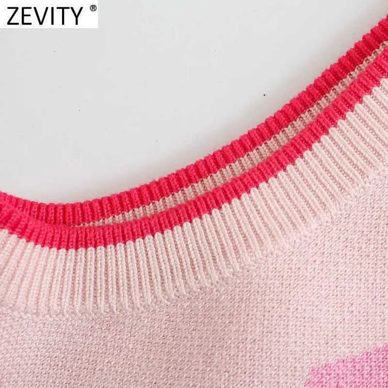 Zeefity vrouwen vintage v-hals geometrische patchwork korte breien trui vrouwelijke mouwloze casual vest chique vest tops SW699 210603