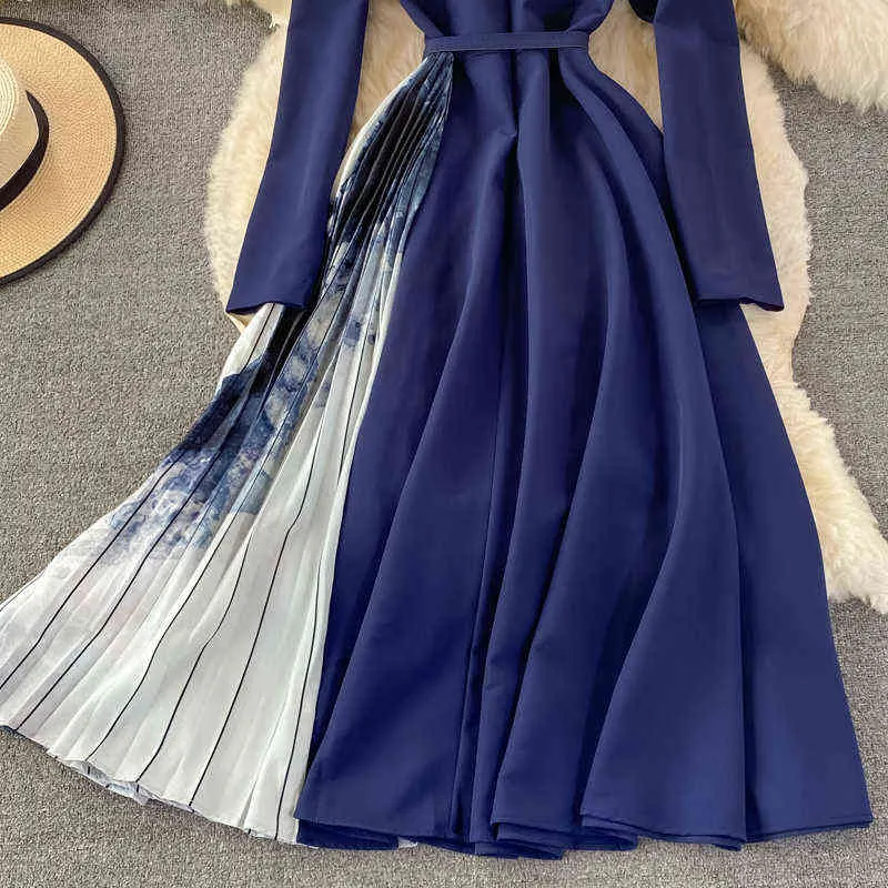 Moda de pista de moda azul plissado vestido de festa de escritório senhora v pescoço manga comprida uma linha Midi vestido com cinto 2021 outono vestidos y1204
