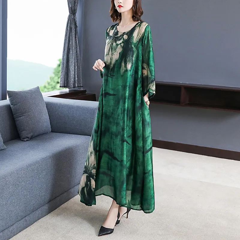 Lâche décontracté imprimé mûrier soie Maxi robe printemps été Vintage 4XL grande taille robe élégante femmes moulante fête Vestidos 210309