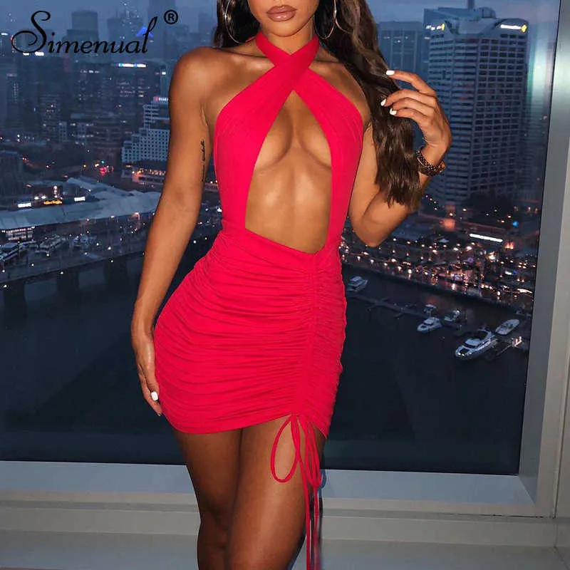 Simenual Coulisse Halter Neck Abiti da festa Fasciatura increspato Hot Sexy Club Night Compleanno Outfit Donna Skinny Mini abito estivo Y0603