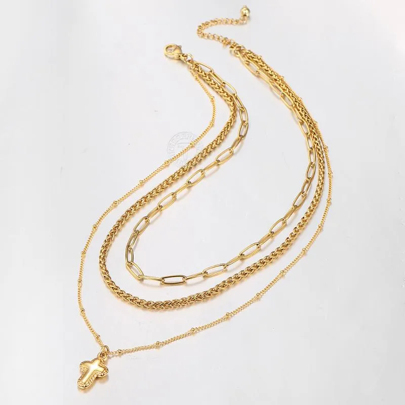 Cadenas Collar de collar de mujeres Juego de oro en capas Color de acero inoxidable Paperclip Clip Cadena de enlace Satélite Tiny Cross Charm LDN2268M