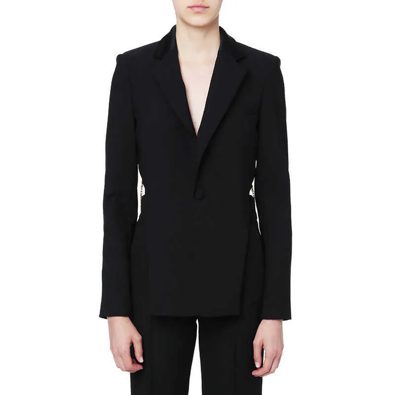 VGH asymétrique Blazer pour femmes col cranté à manches longues dos nu paillettes chaînes Designer manteaux femme mode 210930