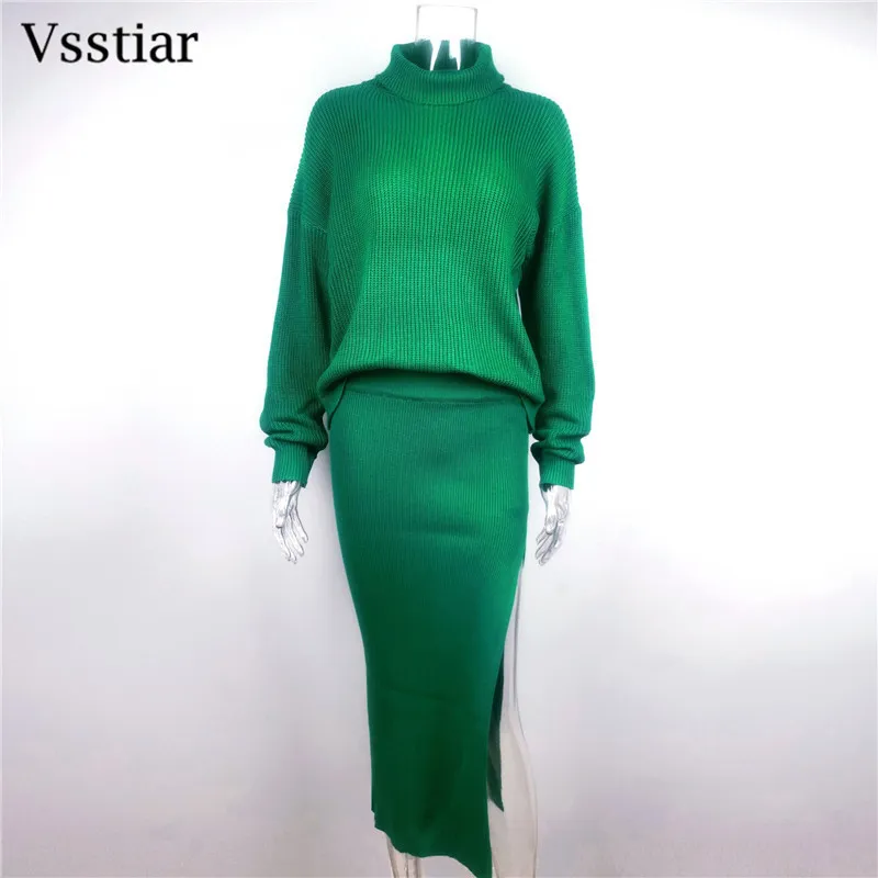 VSSTIAR TURTLENECK KVINNA Ströja Pullovers Green White Autumn Winter High midja Split midi kjol Fashion Casual Two Pieces Set 220221