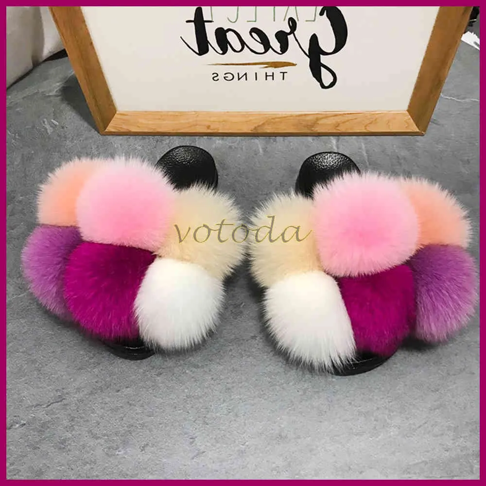 Pantofole in pelliccia di pompon Donna Fluffy Real Fox Slides ry Cute Raccoon Sandals Lady Flat Ball Flip Flop Scarpe arcobaleno