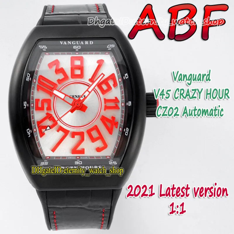 ABF New Crazy Hour Vanguard CZ02 Automatisk mekanisk 3D -art deco Arabisk urtavla V45 Mens Watch PVD Black Steel Case Läder Eternity205V