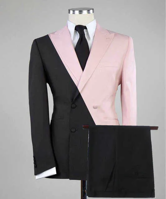 Trajes de hombre de doble botonadura negro rosa por encargo para boda Slim Fit Novio Use fiesta de negocios Vestido masculino Blazer Pantalones 2 piezas X0909