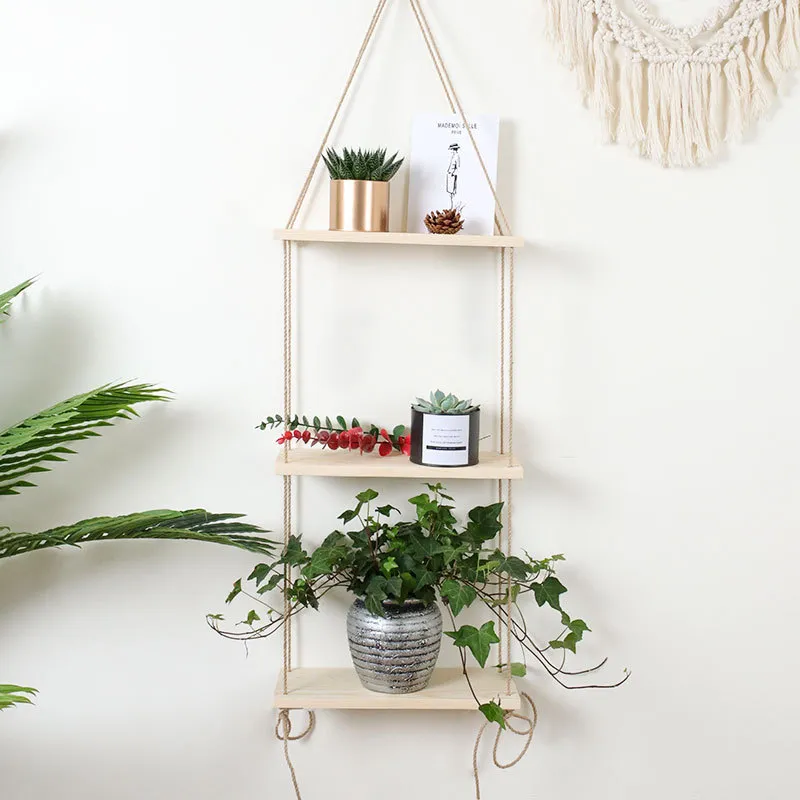 Wall Decorative Shelf Household Wall Wood Swing Hanging Rope indoor Mounted Floating Shelves Plant Flower Pot outdoor decoration 210310