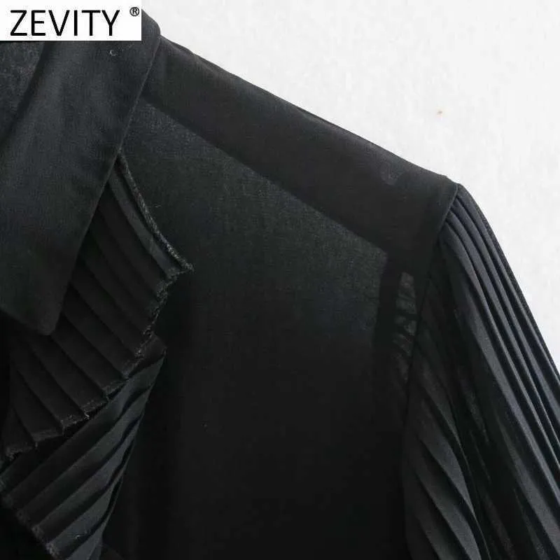 Zevity Donne Fashion Pleated Sleeve Patchwork Black Smock Blusa Camicetta Ufficio Lady Ruffles Chiffon Camicie Chic Blusas Tops LS7687 210603