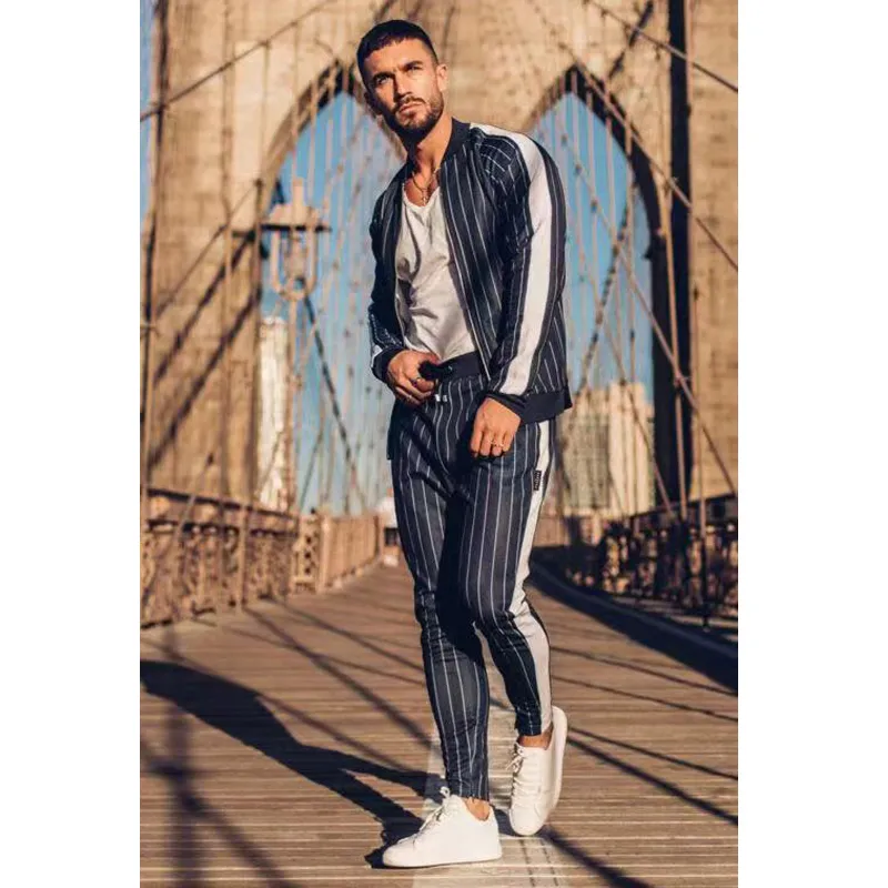 SiteWeie Muscle Men Fitness Autumn Winter Men Stripe Sports Spay Outfits Mens Joggers Set Tracksuit L432 201210
