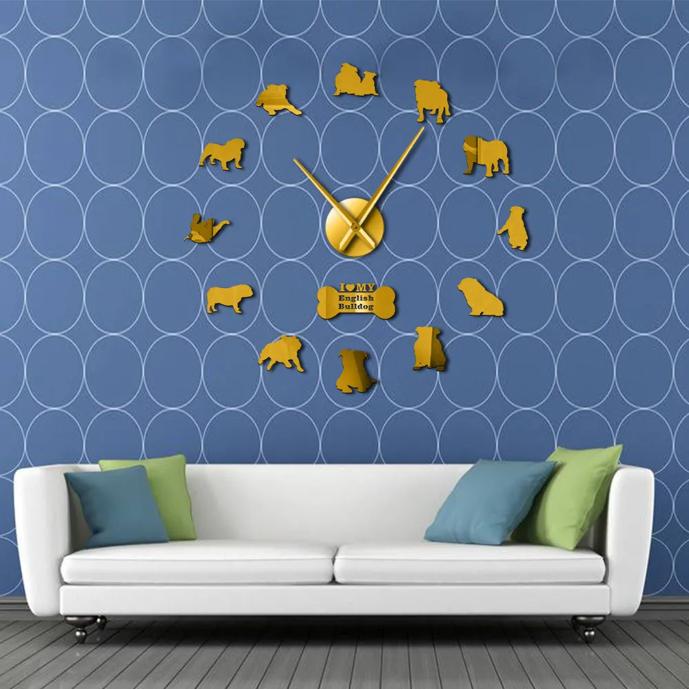 Englische Heimatkoration Britische Bulldoggen Silhouetten Kunst DIY Große Uhren Big Time Wall Clock 2103101340677