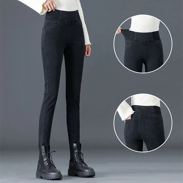 Jeans taille haute pantalons pour femmes printemps et automne augmenter la taille filles pantalons minces taille élastique noir 210302