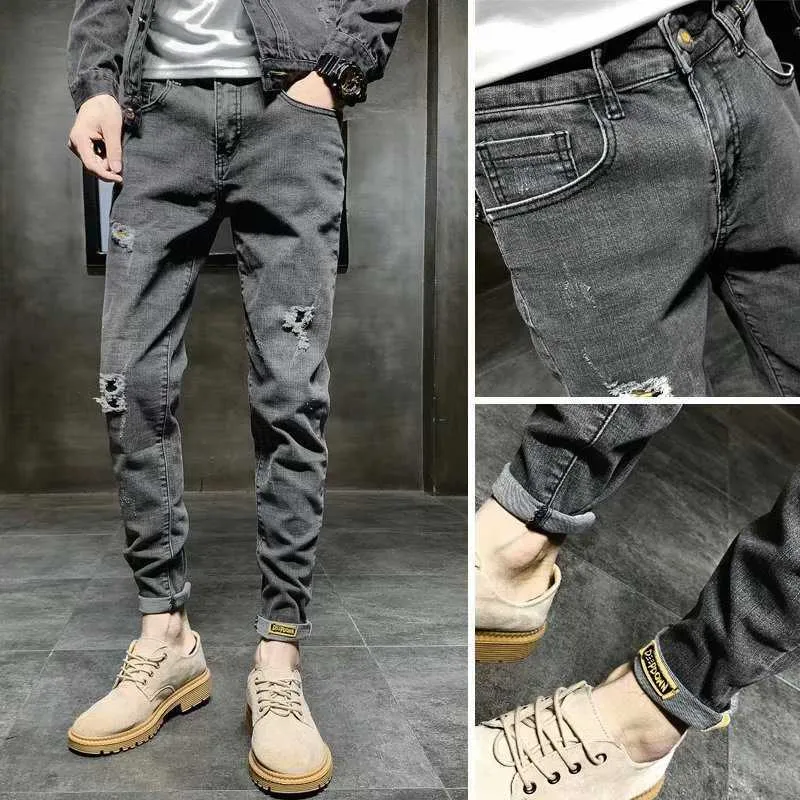 Commercio all'ingrosso 2020 moda hip hop street cargo grigio scuro lavato cotone non stirato strappato jeans skinny da uomo a vita media homen X0621