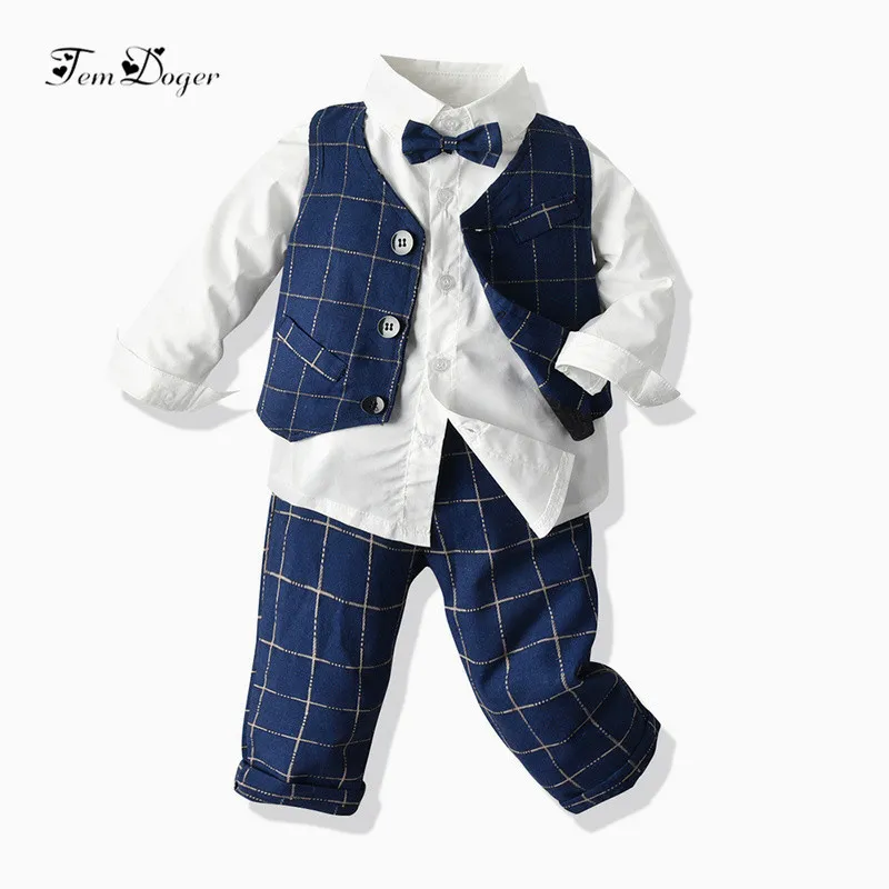 Tem Doger Baby Boys Ropa Conjuntos Gentleman Style Infant Boy Trajes casuales Camisa + Chaleco + Pantalones Trajes Bebes Ropa recién nacida 210309