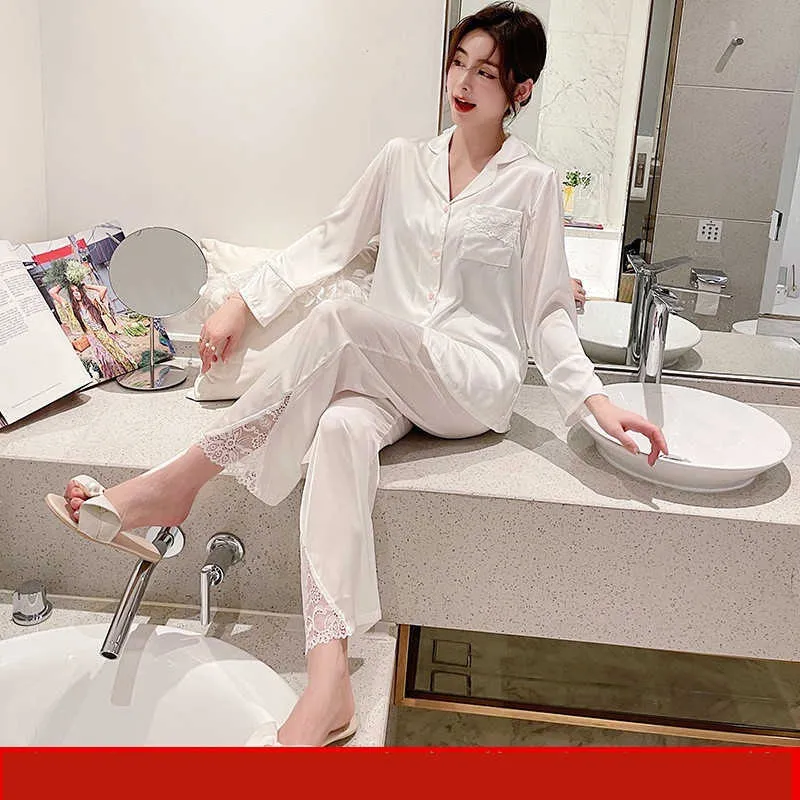 Sexy V-Neck White Satin Lace Trim Sleepwear Rayon Women Pajamas Long Sleeve Pants Home Suit Two Piece Set Nightwear Q0706