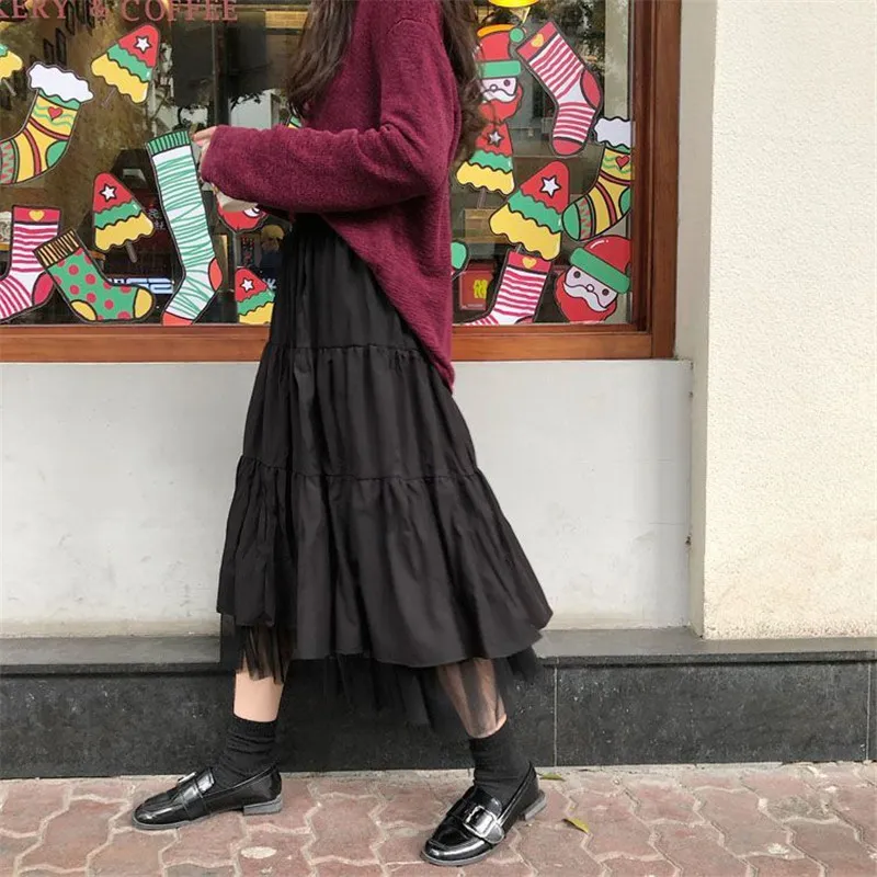 Lange Tüll Midi Röcke Frauen Herbst Elastische Hohe Taille Mesh Tutu Plissee Röcke Weibliche Schwarz Weiß Lange Rock Streetwear 210225