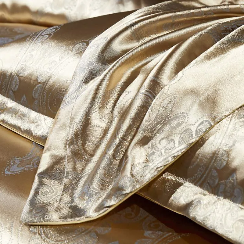 Dropshipping Wedding Luksusowa Pościel Zestawy Jacquard Duvet Cover Set ślubne Bedclothes Gold 2 / 3szt BedChe Queen King 210317