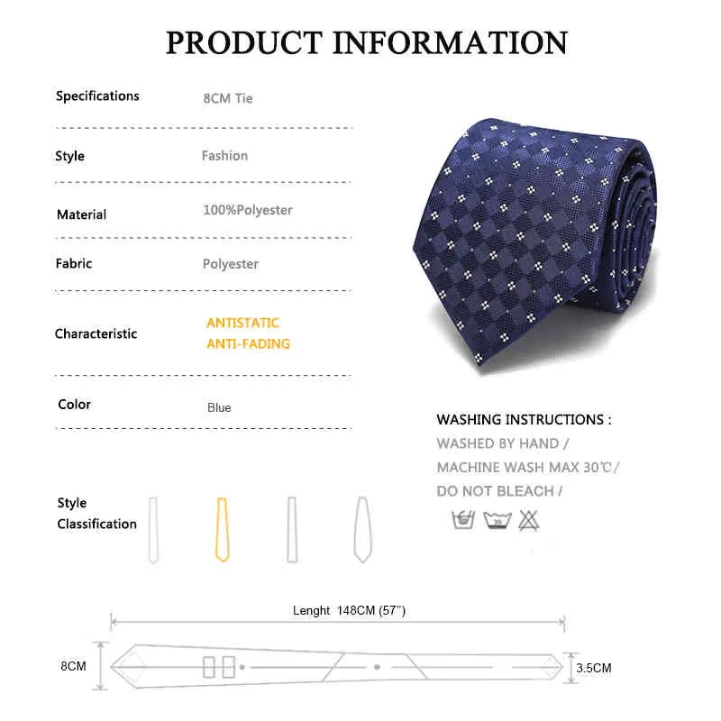 8cm Luxury Plaid Tie för män Märke Designer Bröllop Business Fashion Dress Suit Silk Polyester Navy Blue Necktie med presentförpackning