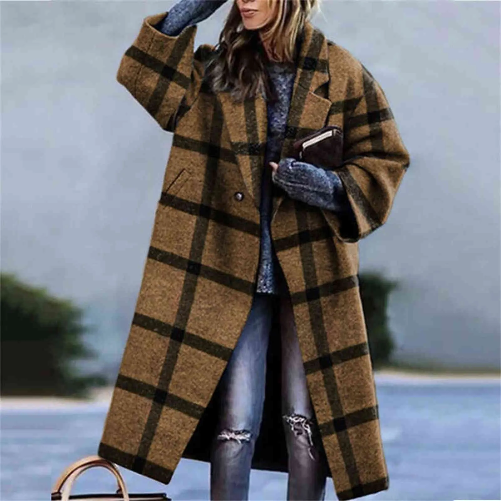 Casacos de manga longa com xadrez de outono casacos elegante giro para baixo colarinho casaco quente mulheres bolso checkered inverno jaqueta supershirt 211118