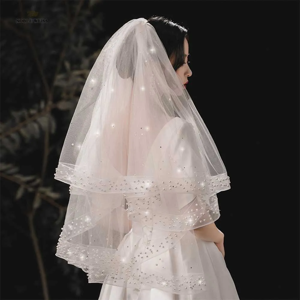 Beaded Wedding Veils Two Layers Bride Veil With Stretch Mesh Tulle Veils Accessories X0726