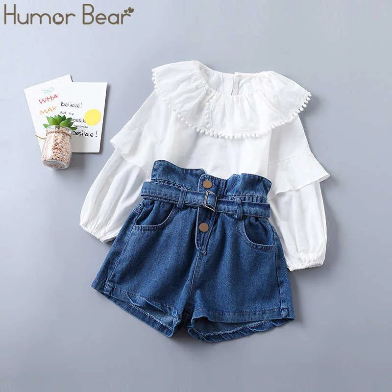 Юмор медведя мода девушка одежда набор новой весны осень плиссированные сплошной цветной рубашки + джинсы 2 шт. Установить малыша девушка одежда для одежды x0902