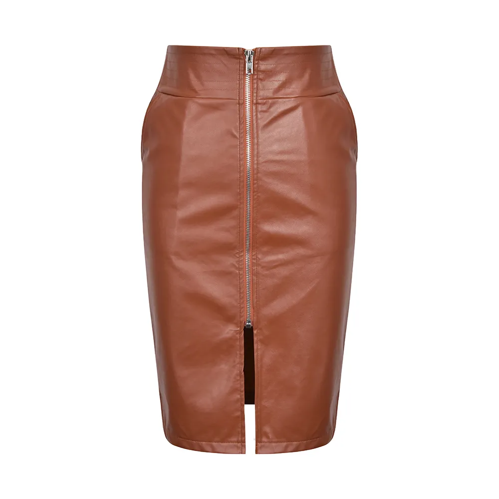 Elegant Faux Leather Woman Skirts Front Zipper Midi Skirt Sexy High Waist Split PU Leather Skirts Pocket Wrap Hip Bodycon Skirt 210315