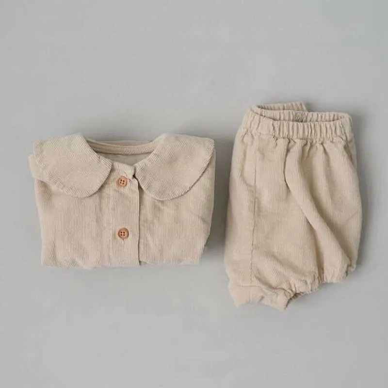 Estilo Coreano Primavera Crianças Meninas 2-PCS Conjuntos Cor Sólida Puff Corduroy Coat + Shorts Crianças roupas E45 210610