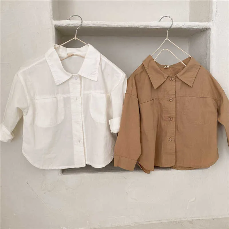 Spring autumn unisex kids solid color loose shirts boys and girls turn-down collar long sleeve Tops Clothes 210615