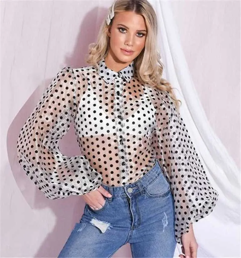 Fashion Polka Dot Women Shirt And Blouse Latern Sleeve See Throght Blouses Blusas Mujer De Moda W9161 210526
