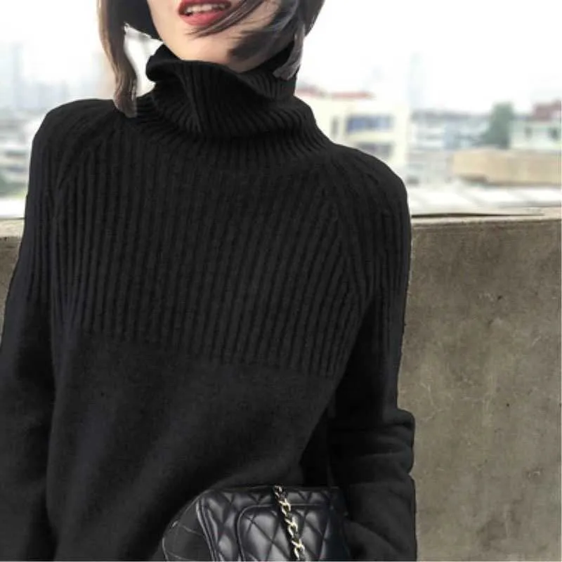 Dames Trui Fall Winter Turtleneck Pullovers Solid Stretch Gestreepte Koreaanse Top Casual Gebreide Bottoming Clothes Black 211011