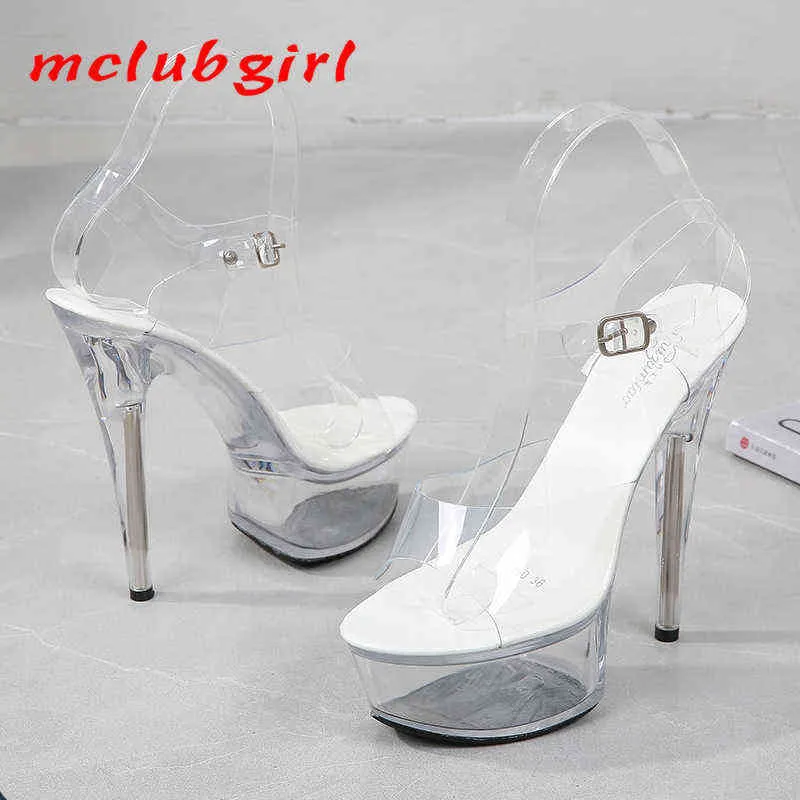 Sandalet McLUBGIRL 34-43 Yaz Seksi Süper Yüksek Topuklu 15 cm Stiletto Su Geçirmez Platformu Sandalet Şeffaf Kristal Düğün Ayakkabı LFD 220121