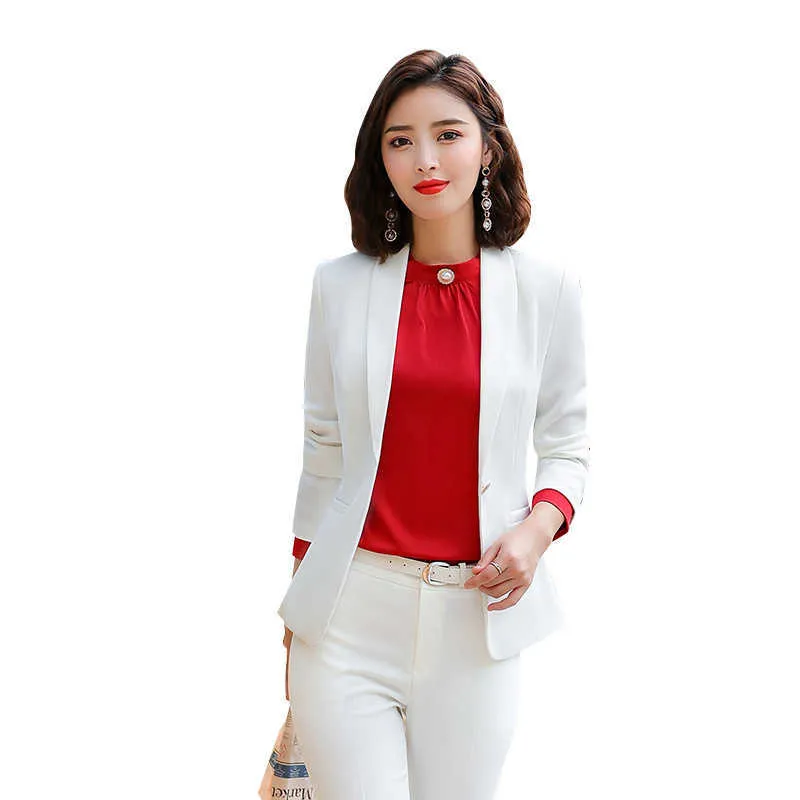 High quality ladies business white suit set Autumn casual long sleeve one button blazer female Pants Office jacket S-4XL 210527