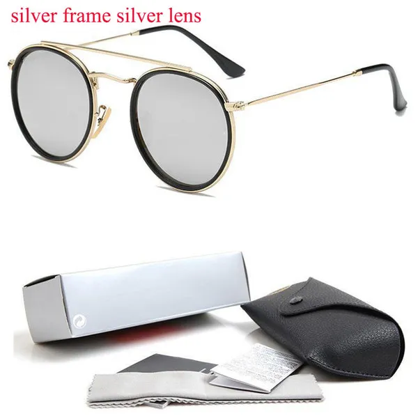 High Quality Round Style Sunglasses Alloy PU frame Mirrored glass lens for Men women double Bridge Retro Eyewear with package246L